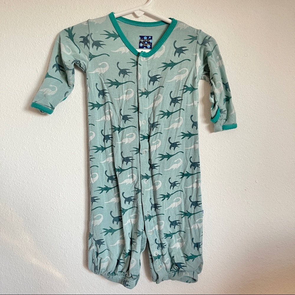 Kickee pants dinosaur converter gown romper blue green Sz 3-6 mo